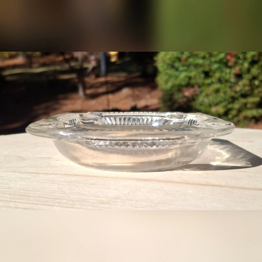 Vintage Clear Cut Glass Starburst Rectangular Ashtray Trinket Dish Candle Tray